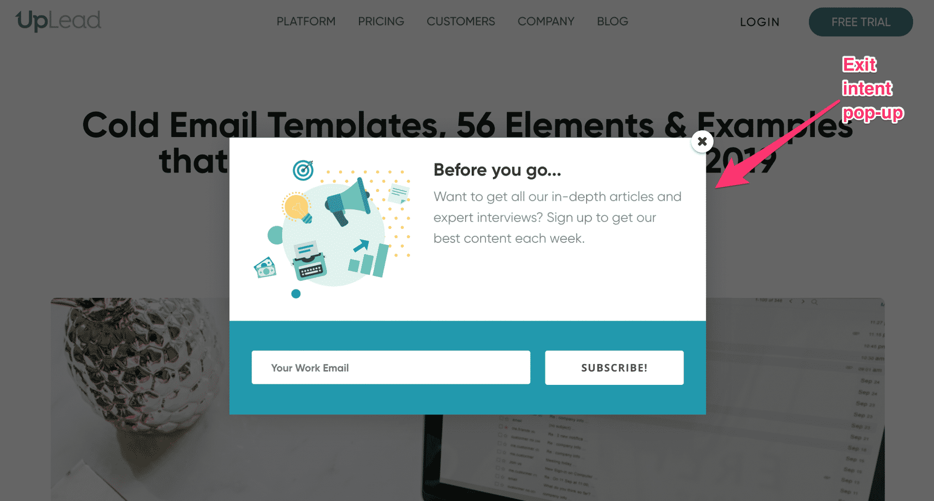 UpLead using SaaS content marketing + exit intent forms to get subscribers